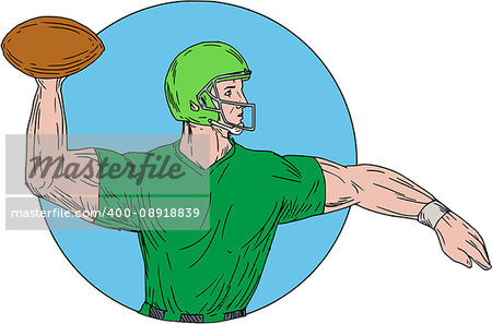 Drawing sketch style illustration of an american football gridiron quarterback player arms stretched throwing ball viewed from the side set inside circle on isolated background.