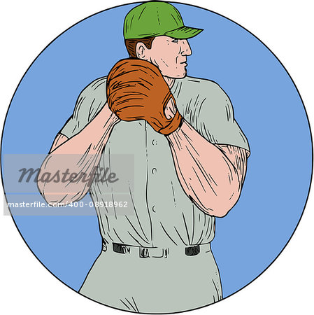 Drawing sketch style illustration of an american baseball player pitcher outfilelder getting started to throw ball viewed from the side set inside circle on isolated background.