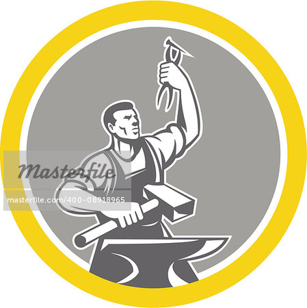 Illustration of a blacksmith worker holding pliers and anvil looking up viewed from front set inside circle on isolated background.