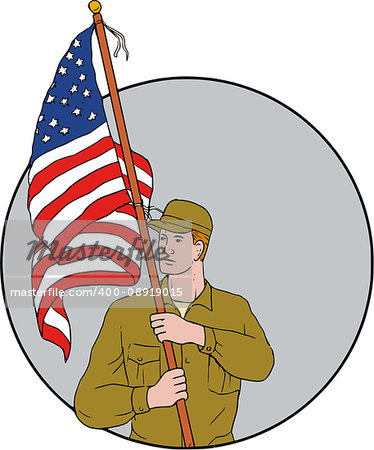 Drawing sketch style illustration of an american soldier serviceman looking to the side holding usa flag with pole on shoulder set inside circle on isolated background.