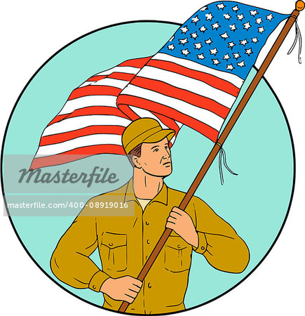 Drawing sketch style illustration of an american soldier serviceman waving holding usa flag looking to the side set inside circle on isolated background.