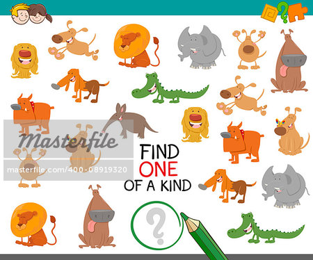 Cartoon Illustration of Find One of a Kind Educational Activity Game for Preschool Kids with Cute Animal Characters