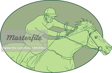Drawing sketch style illustration of jockey riding a horse racing viewed from the side set inside oval shape on isolated background.