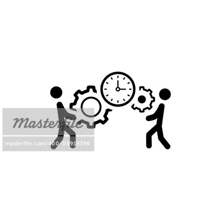 Project Management Icon. Business Concept. A Two man with Gears and Clock. Flat Design. Isolated Illustration. App Symbol or UI element.