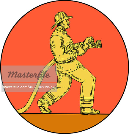 Drawing sketch style illustration of a fireman fire fighter emergency worker holding fire hose viewed from the side set inside circle on isolated background.