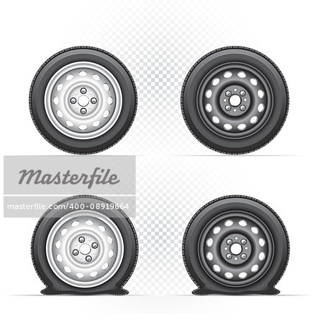 Inflated and deflated light and dark car wheel set. Collection of black and gray metal auto tyre. Transport tire with shadow isolated on transparent white background