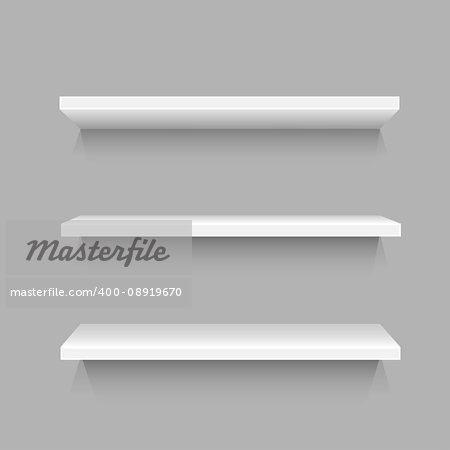 Three simple white shelves template with shadow for goods on gray background. Frame supermarket shop furniture design. Demonstration board