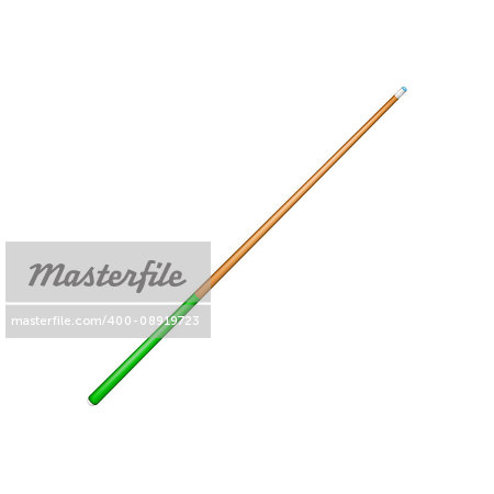 Billiard cue with green handle on white background