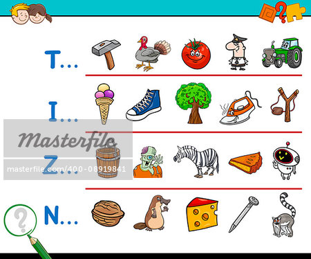 Cartoon Illustration of Finding Picture Starting with Referred Letter Educational Game for Children