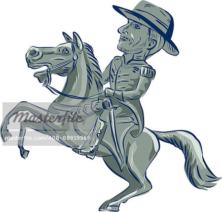 Illustration of an american cavalry officer riding horse prancing viewed from the side set on isolated white background done in cartoon style.