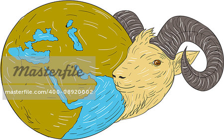 Drawing sketch style illustration of a ram head looking to the side with globe map showing middle east.