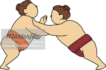 Mono line style illustration of a Japanese rikishi or wrestler, engaging in a match bout of Sumo or sumo wrestling, competitive full-contact wrestling sport pushing viewed from the side set on isolated white background.