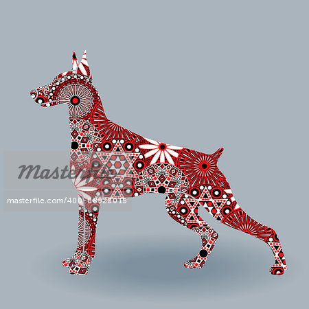 Alert Dog of Doberman breed, vector silhouette fill with stylized flowers in red, white and black colors on a grey background