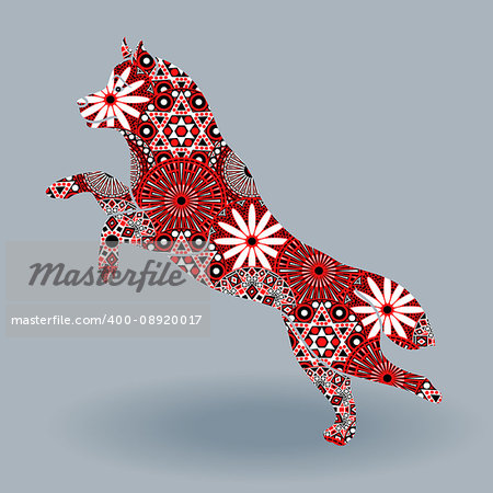 Jumping Dog of  Husky breed, vector stencil silhouette fill with stylized flowers in red, white and black colors on a grey background