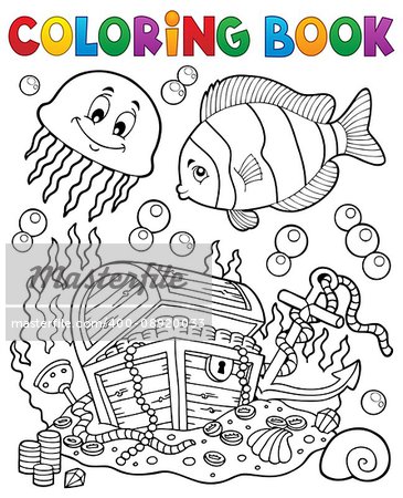 Coloring book treasure chest underwater - eps10 vector illustration.