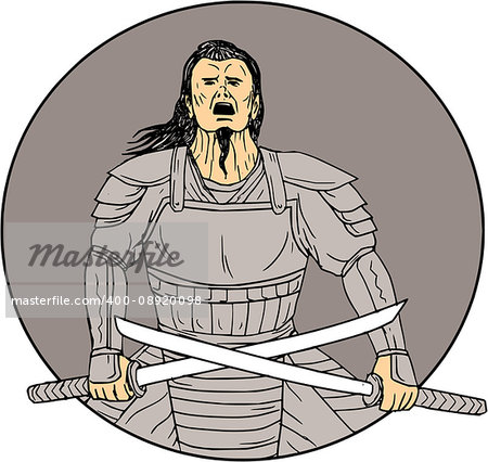 Drawing sketch style illustration of an angry Samurai warrior looking up holding  swords in a cross position viewed from front set inside oval on isolated background.