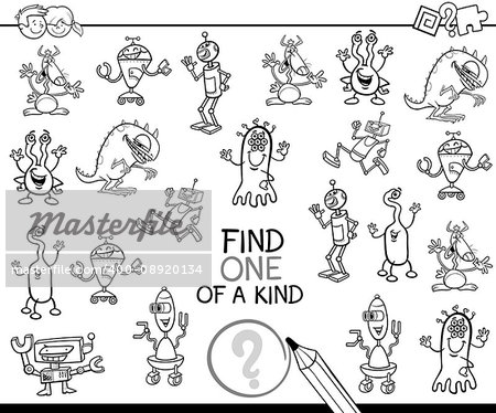 Black and White Cartoon Illustration of Find One of a Kind Educational Activity Game for Children with Fantasy Characters Coloring Page