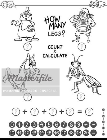 Black and White Cartoon Illustration of Educational Mathematical Counting and Addition Game for Kids with Funny Characters Coloring Page