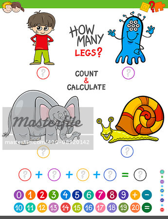 Cartoon Illustration of Educational Mathematical Counting and Addition Activity for Kids with Funny Characters