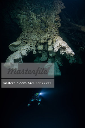 Scuba diver exploring unique natural formations known as "bells" in submerged caves beneath the jungle