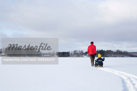 Father pulling sons along on sledge in snow covered landscape, rear view