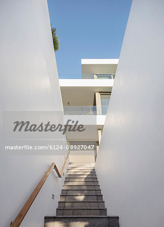 Stairs leading up to white modern luxury home showcase exterior