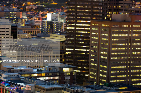 Aerial of business towers in the city at night