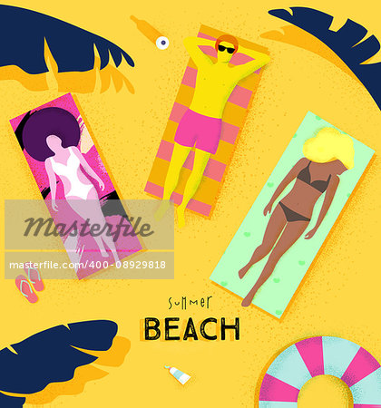 Summer beach poster with people lying on deck chair under the sun on the beach, bright colorful modern style