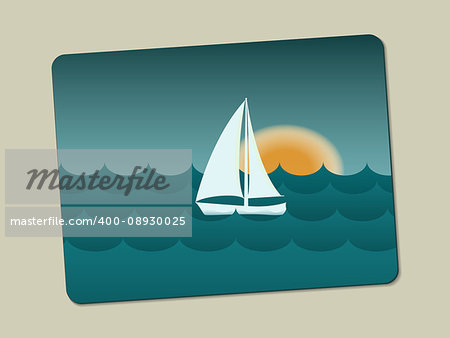 Sunset, sailboat and sea with waves. Stylistic image on the business card is lying with a slope