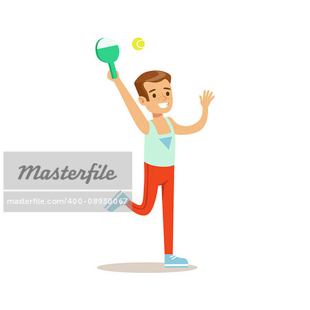 Boy Playing Badminton, Kid Practicing Different Sports And Physical Activities In Physical Education Class. Athletic Teenager Happy To Do Sportive Training Cartoon Vector Illustration.