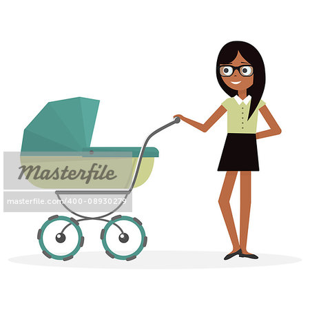 Mother with baby stroller. Illustration young woman and pram.