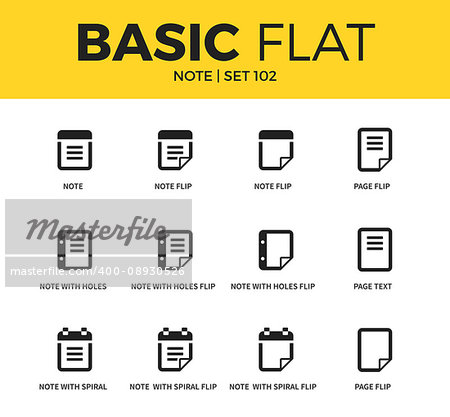 Basic set of note with holes, note with spiral and page flip icons. Modern flat pictogram collection. Vector material design concept, web symbols and logo concept.