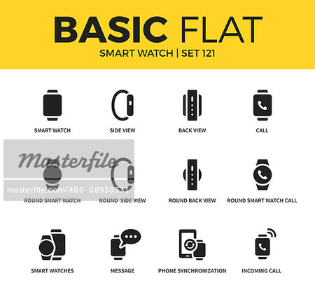Basic set of round smart watch, side view and call icons. Modern flat pictogram collection. Vector material design concept, web symbols and logo concept.