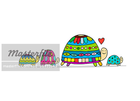 Funny family, turtle with chidren, sketch for your design. Vector illustration