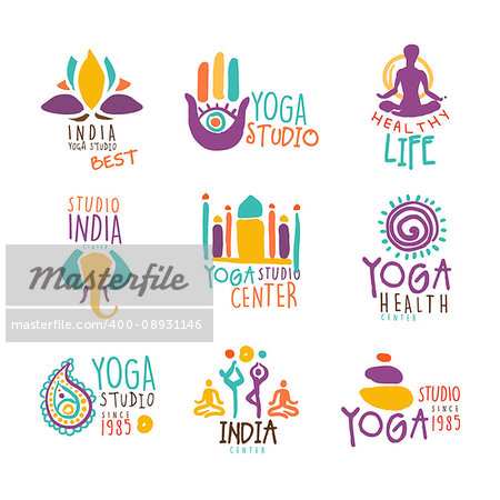 Yoga Center Set Of Colorful Promo Sign Design Templates With Different Indian Spiritual Symbols For Fitness Studio. Bright Color Promotional Vector Labels With Text Series.