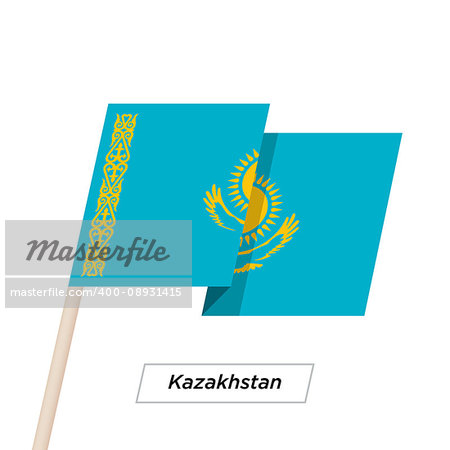 Kazakhstan Ribbon Waving Flag Isolated on White. Vector Illustration. Kazakhstan Flag with Sharp Corners