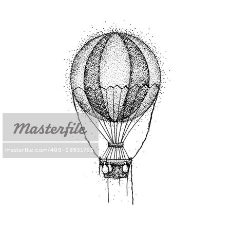 Hot Air Balloon Dotwork. Raster Illustration of T-shirt Design. Travel Tattoo Hand Drawn Sketch.