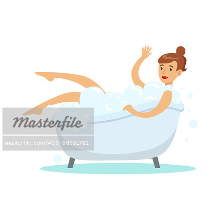 Woman Taking Bubble Bath, Part Of People In The Bathroom Doing Their Routine Hygiene Procedures Series. Person Using Lavatory Room For The Daily Washing And Personal Cleanup Vector Illustration.