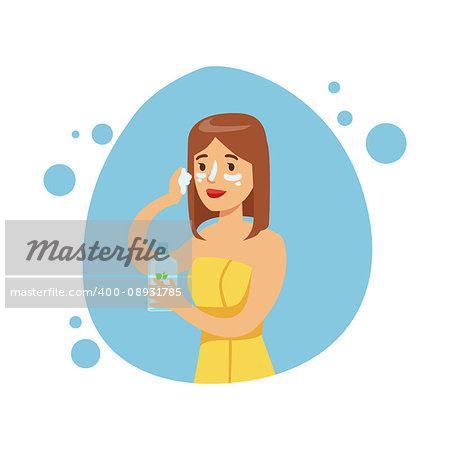 Woman Applying Moisturizing Cream On Face, Part Of People In The Bathroom Doing Their Routine Hygiene Procedures Series. Person Using Lavatory Room For The Daily Washing And Personal Cleanup Vector Illustration.