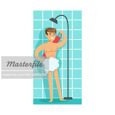 Man Washing Himself With Washcloth In Shower, Part Of People In The Bathroom Doing Their Routine Hygiene Procedures Series. Person Using Lavatory Room For The Daily Washing And Personal Cleanup Vector Illustration.