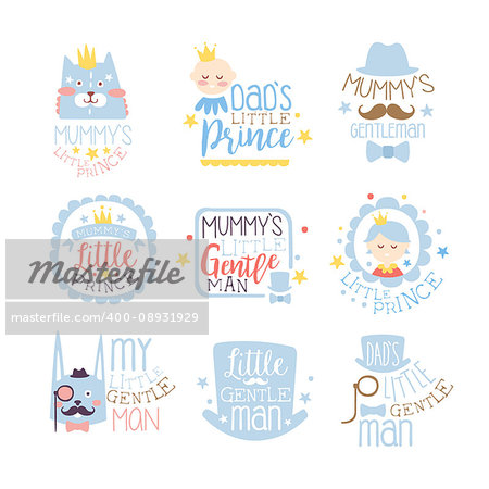 Little Prince Set Of Prints For Infant Boy Room Or Clothing Design Templates In Pink And Blue Color. Vector Labels With Quotes Series Of Childish Posters For Toddler.