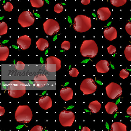 Red Apples with Green Leaves Seamless Pattern on Black Dotted Background