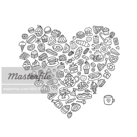 Cakes and sweets collection, heart shape for your design. Vector illustration