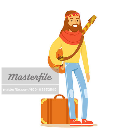 Man Hippie Dressed In Classic Woodstock Sixties Hippy Subculture Clothes Traveling With Guitar And Suitcase. Happy Cartoon Character Belonging To 60s Peaceful Subculture Movement Camping In Nature.