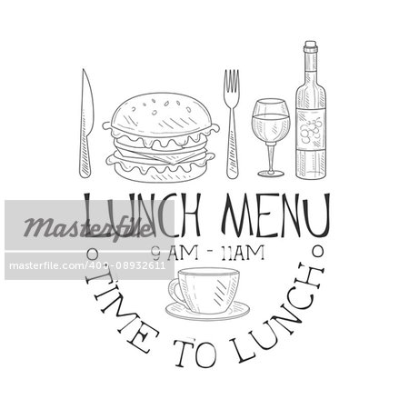 Cafe Lunch Menu Promo Sign In Sketch Style With Full Meal, Design Label Black And White Template. Monochrome Hand Drawn Promotional Poster Print Vector Illustration.