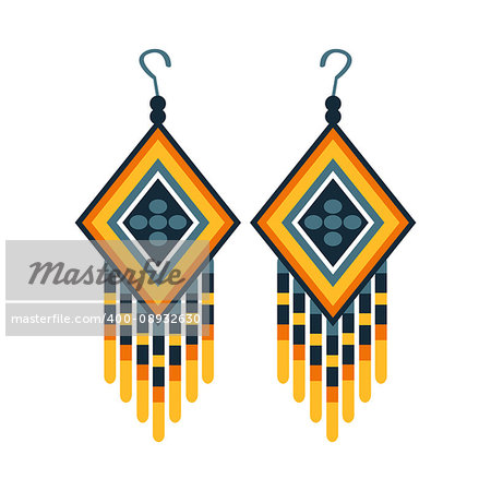 Woman Earrings With Beads, Native American Indian Culture Symbol, Ethnic Object From North America Isolated Icon. Tribal Decorative Element Of Indian Tribe Life Vector Cartoon Illustration.