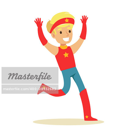 Boy Pretending To Have Super Powers Dressed In Red Superhero Costume With Headband With Star Smiling Character. Halloween Party Disguised Kid In Comics Hero Outfit Vector Illustration.