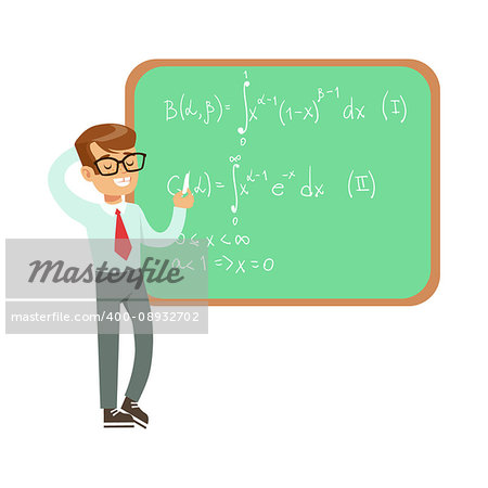 Boy Mathematician Writing Formulas On Blackboard, Kid Doing Science Research Dreaming Of Becoming Professional Scientist In The Future. Part Of Series With Children Working In Different Scientific Fields Vector Illustrations.