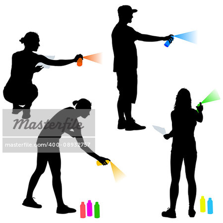 Set silhouette man and woman holding a spray on a white background. Vector illustration.