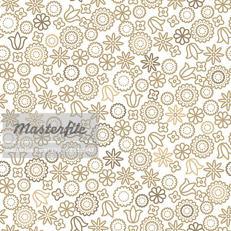 Gold line floral 8 March seamless vector pattern. Plant leaves, tulips and hearts feminine background.